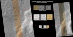 : The NASA montage showing apparent parts of the Mars 3 lander and its retrorocket, heat shield, and parachute on the Martian surface in 2007.