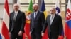 European Council President Charles Michel (center) hosts talks between Azerbaijani President Ilham Aliyev (left) and Armenian Prime Minister Nikol Pashinian in Brussels on May 14.