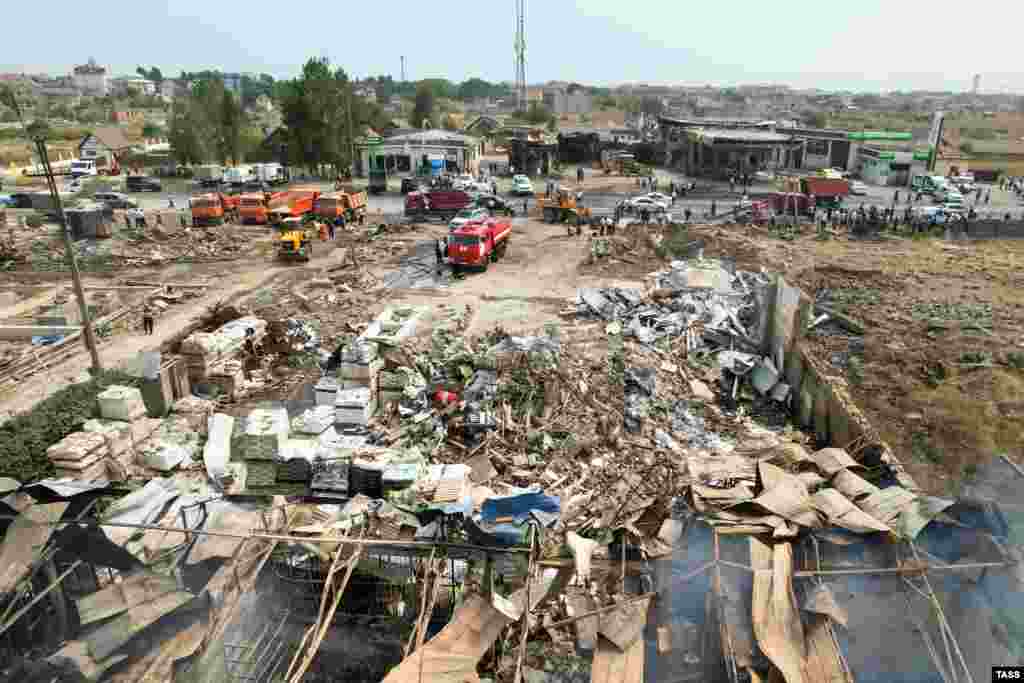 The aftermath of a massive blast in Makhachkala, southern Russia, that killed at least 35 people on the evening of August 14. Local media report the blast may have been caused by chemicals stored in a warehouse that caught fire.&nbsp;