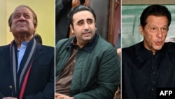 Pakistan's top party leaders: Nawaz Sharif (left), Bilawal Bhutto-Zardari (center), and jailed Imran Khan