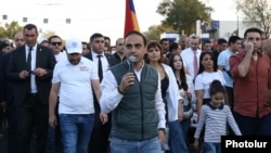 The ruling party's mayoral candidate, Tigran Avinian, leads a campaign rally in Yerevan on September 15.