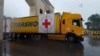 A Russian Red Cross truck carrying goods for Nagorno-Karabakh drives to Aghdam on September 9.