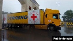 A Russian Red Cross truck carrying goods for Nagorno-Karabakh drives to Aghdam on September 9.