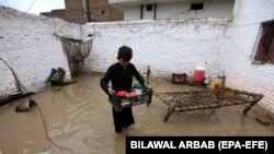 A boy rescues belongings from a flooded home after heavy rains in Peshawar, Pakistan, in April.