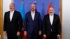 EU Council President Charles Michel (center) met with Azerbaijani President Ilham Aliyev (left) and Armenian Prime Minister Nikol Pashinian for EU-sponsored talks in Brussels on July 15.