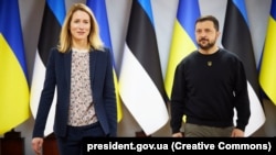 Estonian Prime Minister Kaja Kallas (left) meets with Ukrainian President Volodymyr Zelenskiy on April 24, 2023, in Zhytomyr, Ukraine. 