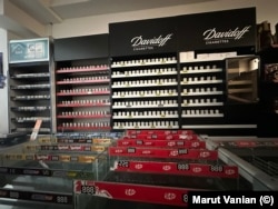 Empty racks for cigarettes in a store in Stepanakert on July 18.