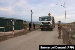 A truck arrives at an Azerbaijani checkpoint in the Zangilan district, close to the border with Armenia.