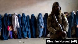 A Taliban fighter stands guard as women wait to receive food rations distributed by a humanitarian aid group in Kabul.