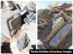 The stone depicting the founders is now lying among the ruins of the tower. The inscription stone "Christ Have Mercy," is also lying in the debris.