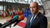 Bulgarian President Rumen Radev speaks on arrival for an EU summit at EU headquarters in Brussels on March 23.