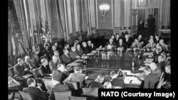 This image shows the first meeting of the North Atlantic Council in September 1949.<br />
<br />
One month before this Washington D.C. meeting, a treaty signed by the United States, Canada, the United Kingdom, and nine other European countries came into force, heralding the foundation of the North Atlantic Treaty Organization.&nbsp;