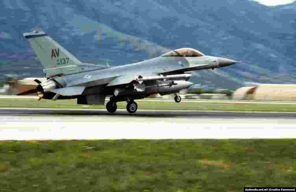 An F-16 that shot down three of four Serbian jets that were downed over Bosnia.&nbsp; The first shots ever fired in combat by NATO came in February 1994 when U.S. fighters shot down four Serbian warplanes that bombed a Bosnian factory during the escalating conflicts across the former Yugoslavia.