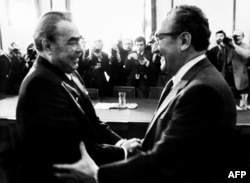 Soviet leader Leonid Brezhnev meets Kissinger in Moscow on March 25, 1974.