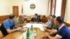 Karabakh President Arayik Harutiunian (center) held what appeared to be an emergency meeting with Defense Army commander Kamo Vartanian and other security officials.