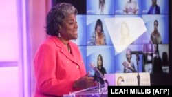 U.S. Ambassador Linda Thomas-Greenfield addresses an awards ceremony at the State Department in Washington on March 14.