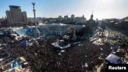 Antigovernment protesters hold a rally in Independence Square in central Kyiv on February 2.