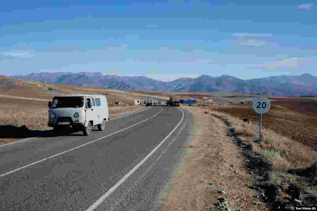 An Armenian checkpoint outside Tegh, a village near the entrance to Nagorno-Karabakh.&nbsp; A few kilometers farther from where this photo was taken on December 16, Azerbaijanis blocking the road have claimed to be protesting the activities of mines in Azerbaijani territory that are operated by ethnic Armenians. Many observers see the group as potentially state-backed actors intending to put pressure on Yerevan.