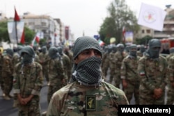 Members of a special IRGC force attend a rally marking the annual Quds Day, or Jerusalem Day, on the last Friday of the holy month of Ramadan in Tehran on April 29.