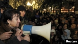 Alla Dzhioyeva addresses her supporters in Tskhinvali last week.