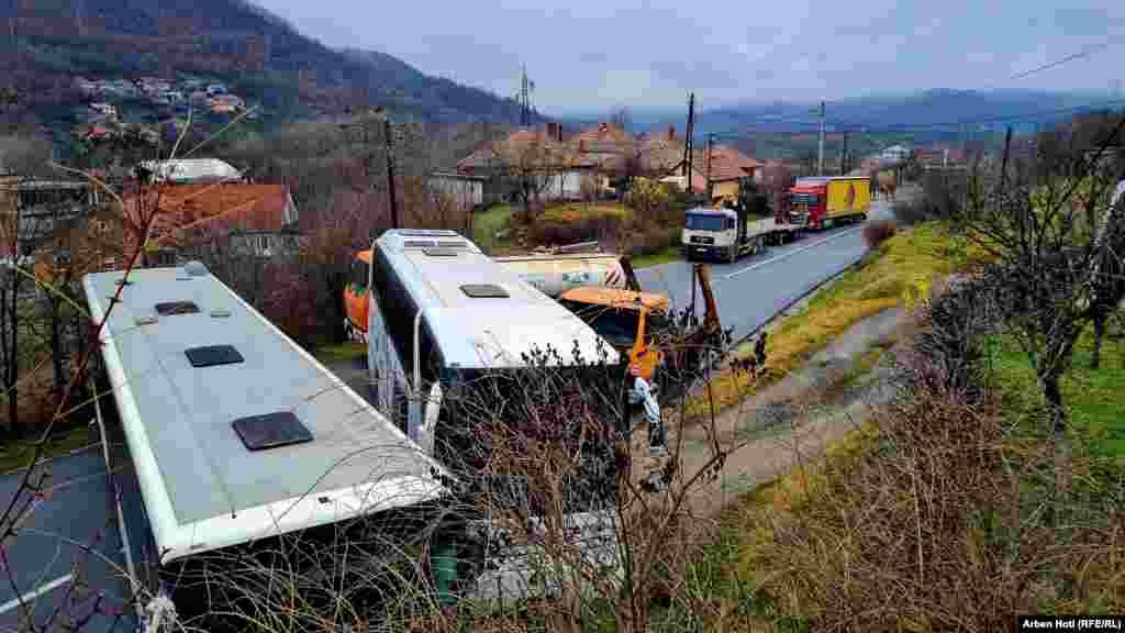 Heavy trucks block the road near the village of Rudare, Kosovo, on December 12. European Union officials have mediated negotiations designed to normalize relations between Serbia and Kosovo since 2012.