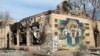 A badly damaged building in the center of Makariv, which had been occupied by Russian forces before they withdrew from the area.