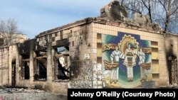 A badly damaged building in the center of Makariv, which had been occupied by Russian forces before they withdrew from the area.