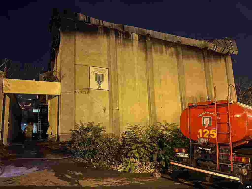 A fire truck photographed outside an entrance to Evin prison on October 16.&nbsp;