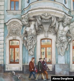 Businessmen pass a historic building on Prospekt Mira deep in conversation.