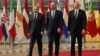 Armenian Prime Minister Nikol Pashinian (left to right), European Council President Charles Michel, and Azerbaijani President Ilham Aliyev begin a trilateral meeting in Brussels on April 6.