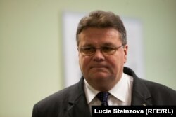 Lithuanian Foreign Minister Linas Linkevičius at RFE/RL headquaters in Prague