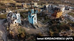 An aerial photograph of the destroyed village of Bohorodychne in the Donetsk region earlier this month.