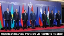 The leaders of Russia, Armenia, and other CSTO member states pose for a picture during a summit in Yerevan on November 23, 2022.