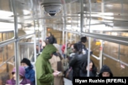 A Hikvision camera on the ceiling of a tram in Sofia