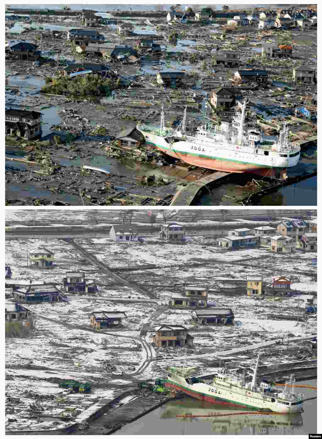 On top, the tsunami-devastated city of Higashimatsushima in Miyagi Prefecture on March 12, 2011, and below, on March 3, 2012