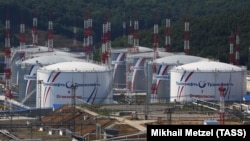 Storage tanks at Chernomortransneft's oil terminal Sheskharis near the southern city of Novorossiisk, Russia