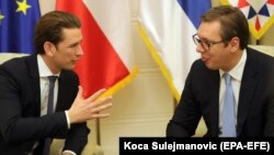 Austrian Chancellor Sebastian Kurz (left) meets with Serbian President Aleksandar Vucic in Belgrade on November 5.