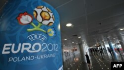 Ukraine's newly opened terminal at Boryspil International Airport in Kyiv decorated for the championship.