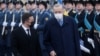 Ukrainian President Volodymyr Zelenskiy (left) and Tayyip Recep Erdogan attend a welcoming ceremony for the Turkish leader in Kyiv on February 3.