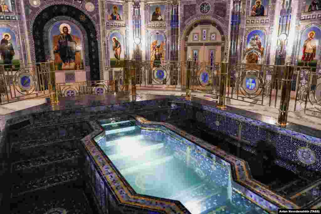 A pool in the cathedral that will be used for baptisms. The church was supposed to be paid for entirely through donations, but according to Russian reports some 2.95 billion rubles (about $40 million) came from the Kremlin&#39;s budget for the project.