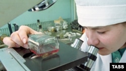 A research worker examines a sample at Russia's State Research Center of Virology and Biotechnology (Vector) in Koltsovo, near Novosibirsk, where 120 different strains of the variola virus are kept.