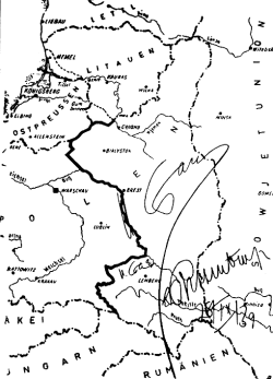 A map of Poland signed by Stalin and Ribbentrop adjusting the German–Soviet border after the invasion in 1939.