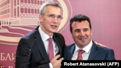 Macedonian Prime Minister Zoran Zaev (right) and NATO Secretary-General Jens Stoltenberg at a meeting in Skopje in January.