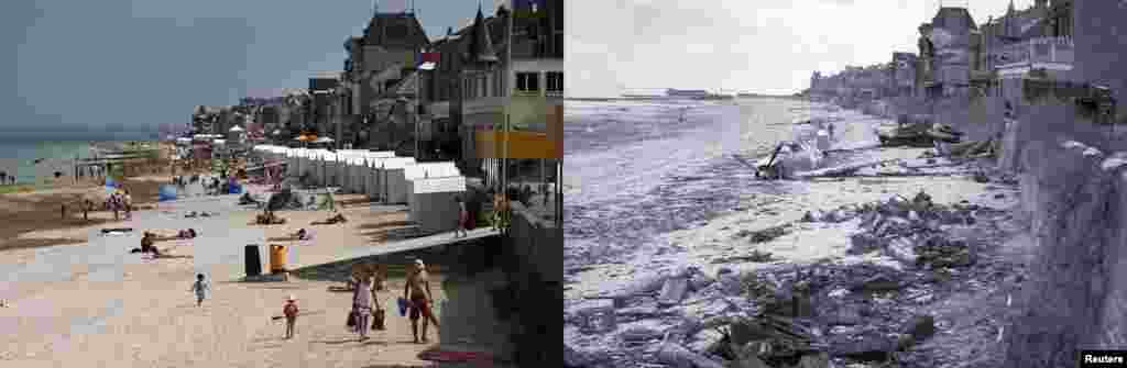 On the right, a downed plane on Juno Beach in Saint-Aubin-sur-Mer, and on the left, the same beach as it appears today.