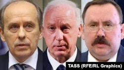 FSB Director Aleksandr Bortnikov (left); Investigative Committee head Aleksandr Bastrykin (center); and prison service chief Aleksandr Kalashnikov are among the seven top Russian government officials targeted by new U.S. sanctions. (combo photo)