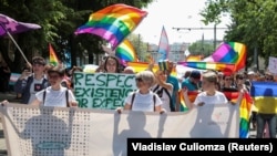 LGBT activists march at a solidarity march in Chisinau in May 2019.