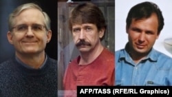 A combo photo of Paul Whelan (left), Viktor Bout (center), and Konstantin Yaroshenko