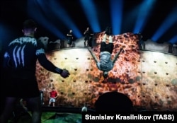 A rehearsal of Cirque du Soleil's touring circus production Ovo in Moscow on May 8. The circus famously does not use performing animals in its shows.