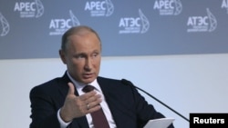 Russian President Vladimir Putin addresses international businessmen gathered ahead of the APEC summit in the eastern Russian port city of Vladivostok on September 7.