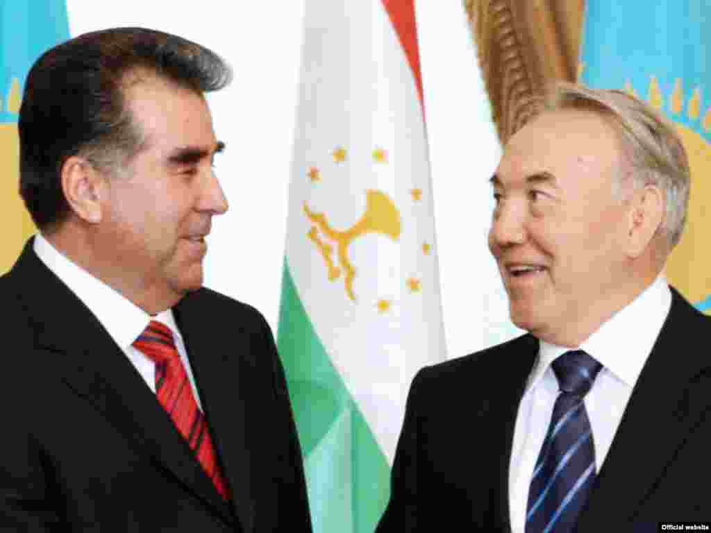 Nazarbaev meets with his Tajik counterpart Emomali Rakhmon in Astana in 2008. - Nazarbaev's reluctance to cede power is similar to that of other Central Asian leaders, like Emomali Rakhmon, who has also ruled without interruption since before the Soviet collapse.